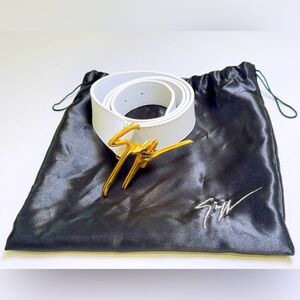 Giuseppe Zanotti Signature Logo White Belt Brass Buckle Leather 100cm US Size 34